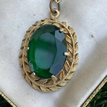 Green and Goldtone Rhinestone Laurel Necklace Jewelry Bloomers and Frocks